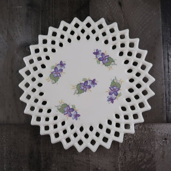Lattice Lace Edge White Milk Glass Plate with Purple Flowers Pointed Vintage - Picture 1 of 5